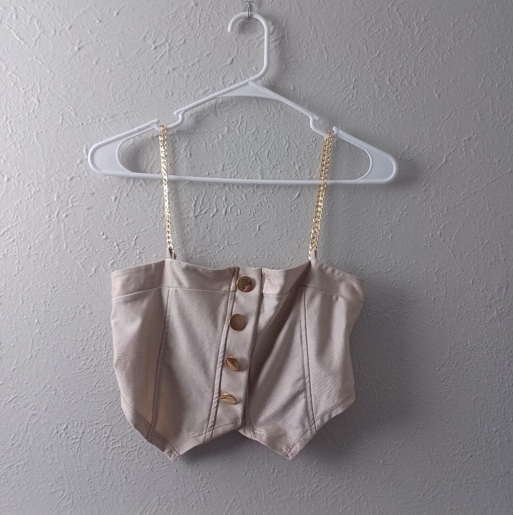 Beige Satin Crop Top with Gold Chain Straps